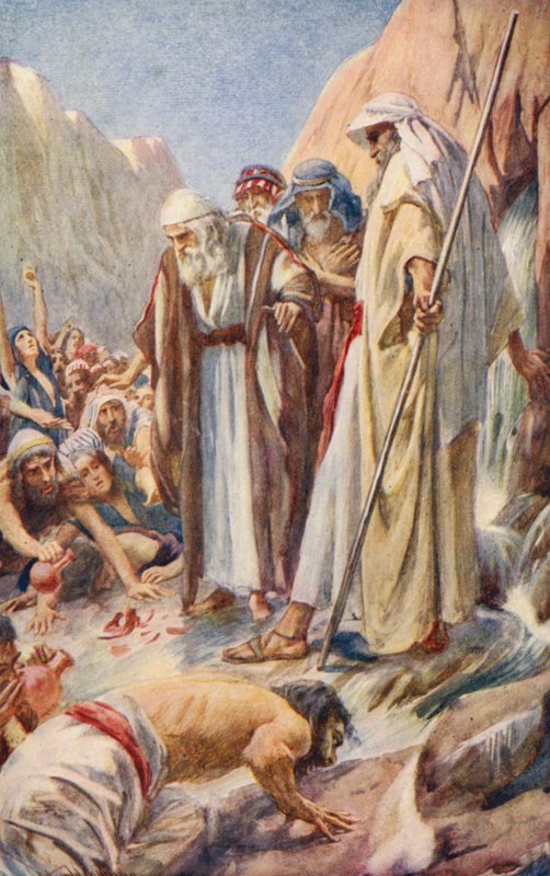 Gamla testamentet: Vatten från klippan (färglitografi) av Harold Copping