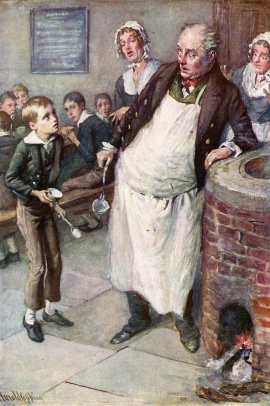 Oliver ber om mer (färglitografi) av Harold Copping