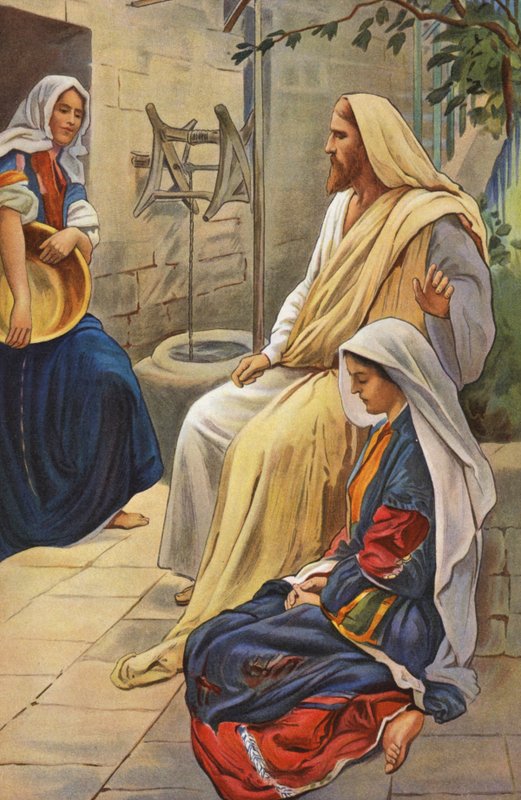 Marthas och Marias hem (färglitografi) av Harold Copping