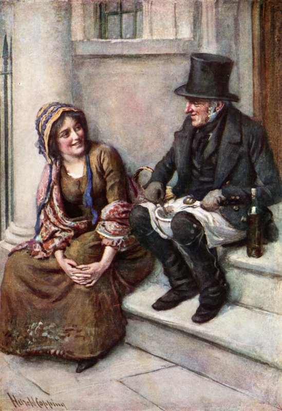 Trotty Veck och hans dotter Meg (färg litho) av Harold Copping