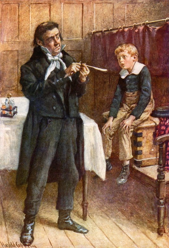 Wackford Squeers and the New Pupil (litho i färg) av Harold Copping