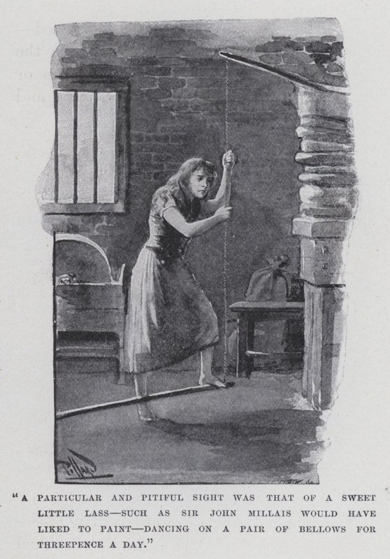"En speciell och ynklig syn var den av en söt liten tjej, som Sir John Millais skulle ha velat måla, dansa på ett par bälgar för tre pence om dagen" (s/v foto) av Harold Hume Piffard