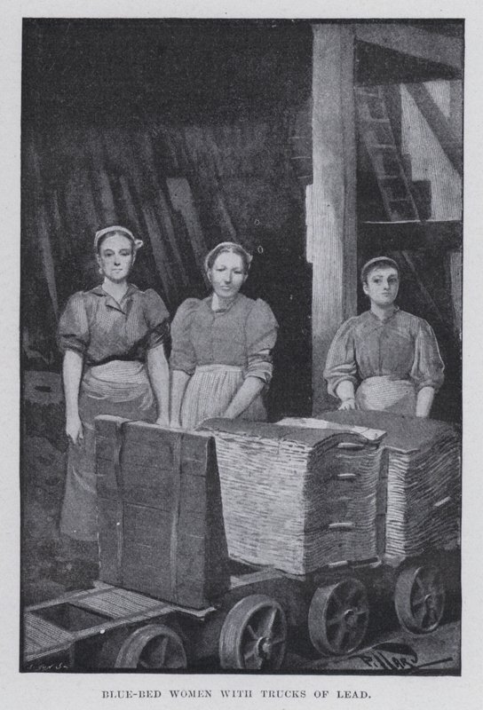Kvinnor med blå säng med lastbilar av bly (s/v foto) av Harold Hume Piffard
