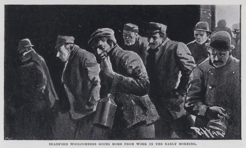 Bradford Woolcombers går hem från jobbet tidigt på morgonen (s/v bild) av Harold Hume Piffard