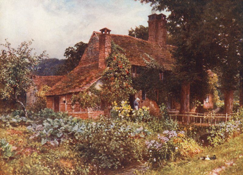 Old Mill Cottages, Abinger (färglitografi) av Harold Sutton Palmer