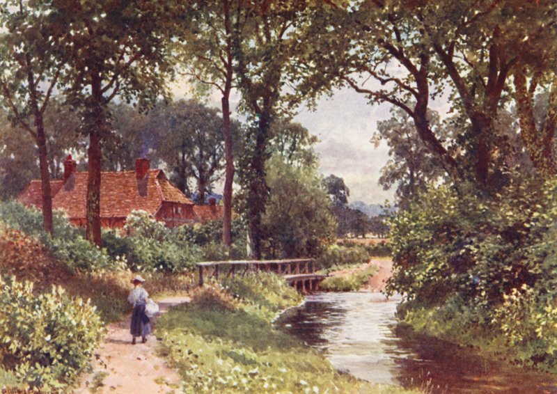 The Bourne, Chobham (färglitografi) av Harold Sutton Palmer