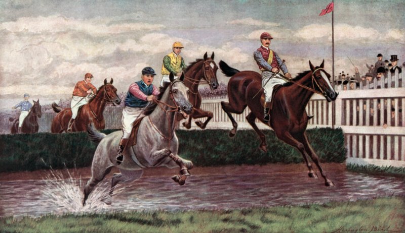 Steeplechasing (färg litho) av Harrington Bird