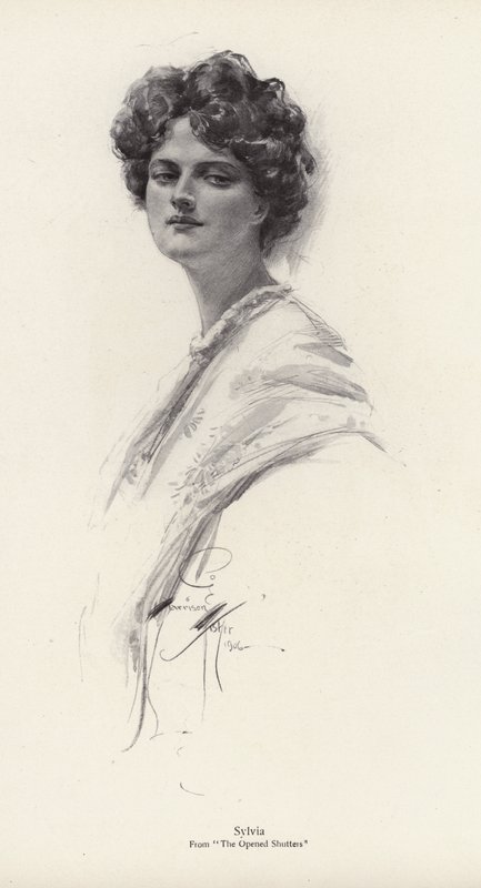 En karaktär, Sylvia, från romanen The Opened Shutters, av Clara Louise Burnham (litho) av Harrison Fisher