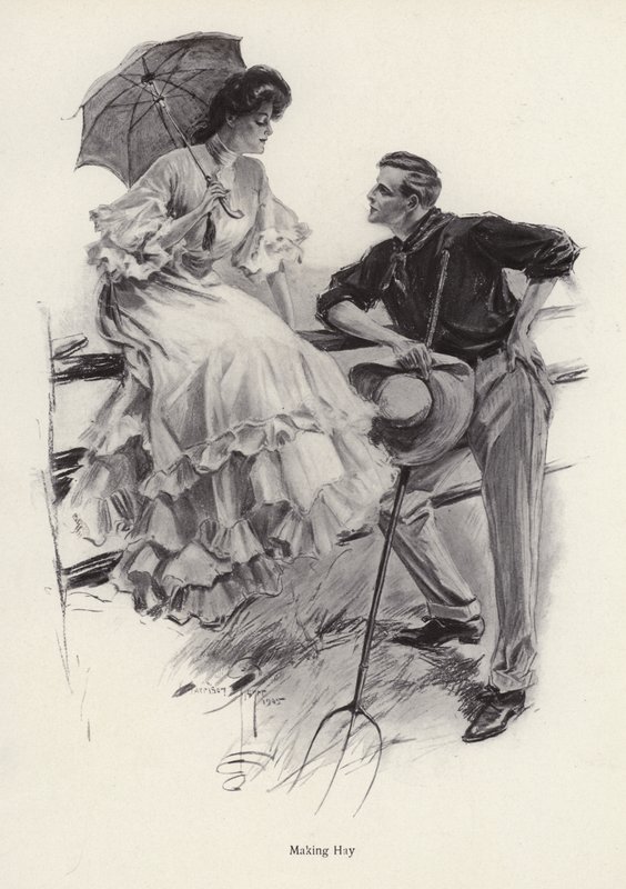 En bonde pausar i sitt arbete för att flirta med en ung kvinna (litho) av Harrison Fisher