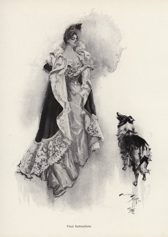En ung kvinna som går ut på kvällen och ber sin hund att lyda instruktioner (litho) av Harrison Fisher