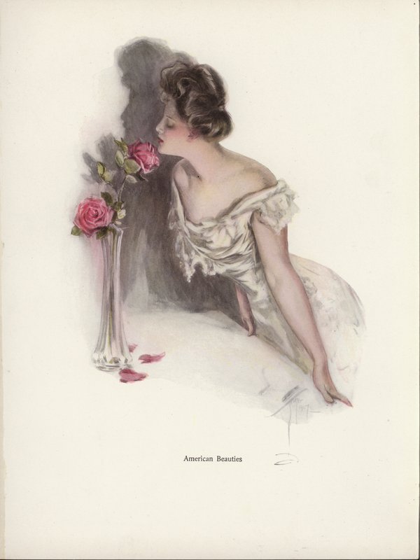 Amerikansk kvinna som luktar rosa rosor i en vas (färg litho) av Harrison Fisher