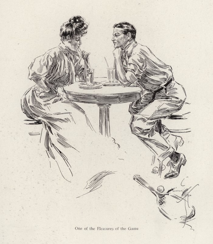 Par som tar en drink efter ett tennisspel (färg litho) av Harrison Fisher