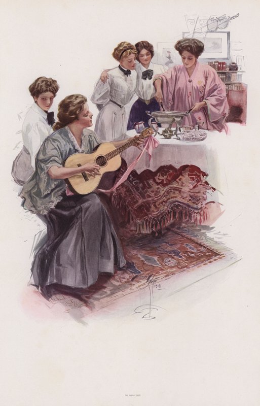 Grupp unga kvinnor som gör fudge (färg litho) av Harrison Fisher