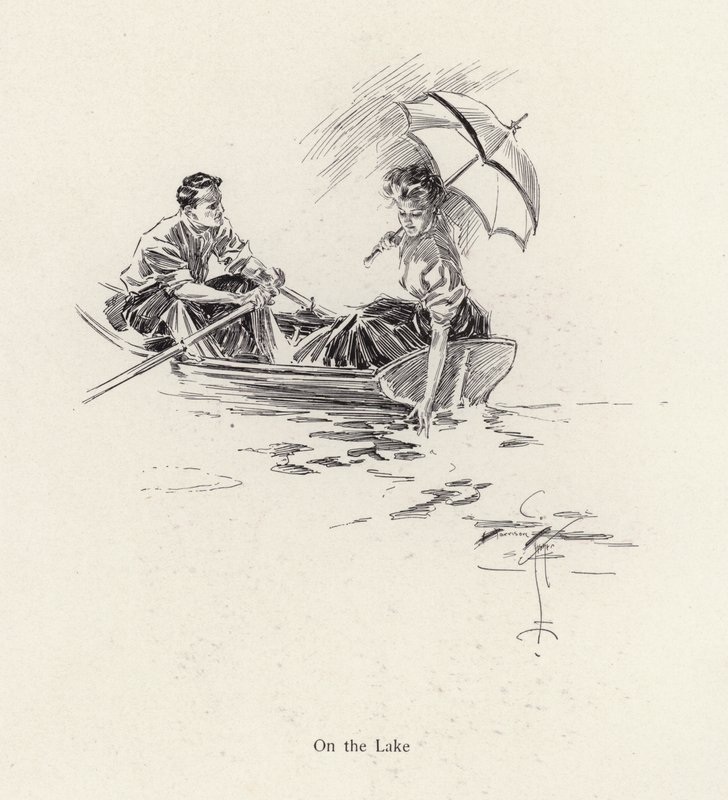 Man och kvinna i en roddbåt på sjön (litho) av Harrison Fisher