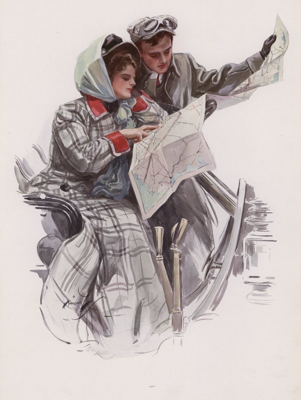 Man och kvinna läser en karta i en bil (färg litho) av Harrison Fisher
