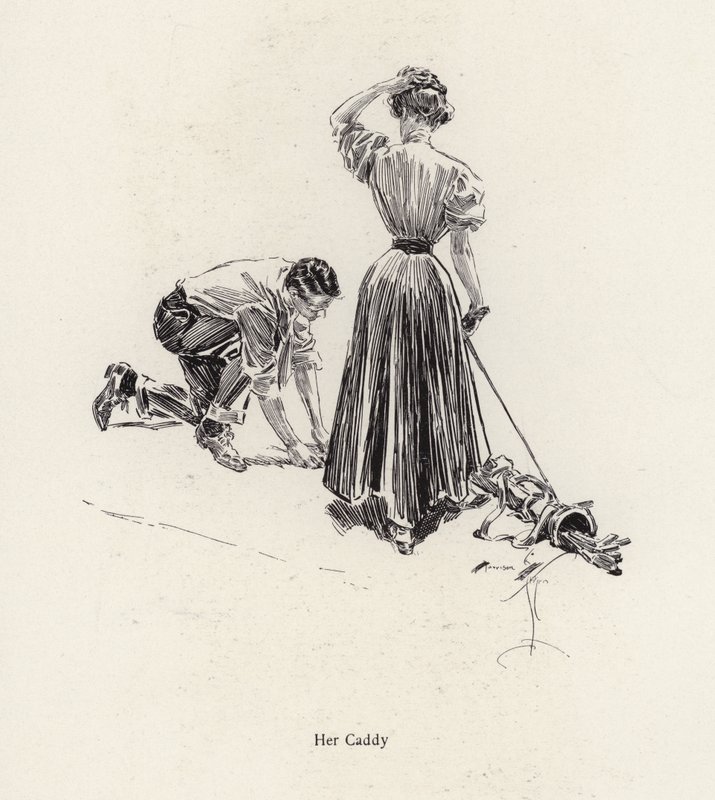 Man caddiing för en kvinna på golfbanan (litho) av Harrison Fisher