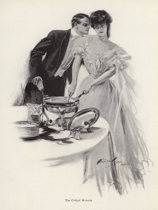 Man flirtar med en kvinna över middagsbordet (litho) av Harrison Fisher