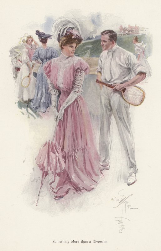 Man avbryter sitt tennisspel för att prata med en ung kvinna (färg litho) av Harrison Fisher
