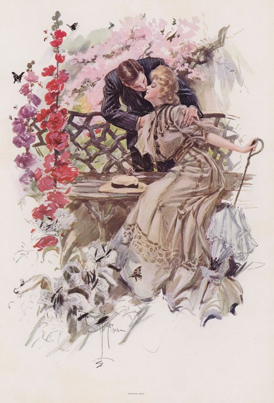 Man som kysser en kvinna i en trädgård (färg litho) av Harrison Fisher