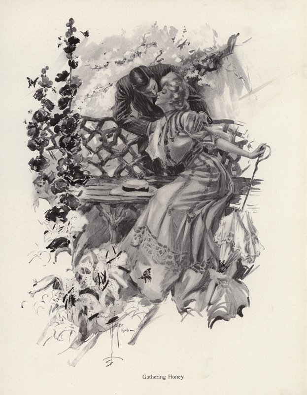 Man som kysser en kvinna i en trädgård (litho) av Harrison Fisher