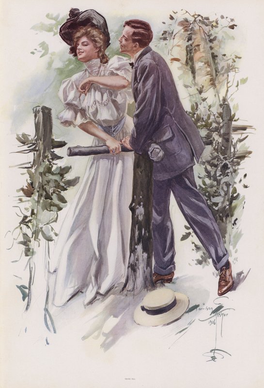 Man försöker stjäla en kyss från en ung kvinna (färg litho) av Harrison Fisher