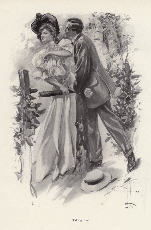 Man försöker stjäla en kyss från en ung kvinna (litho) av Harrison Fisher