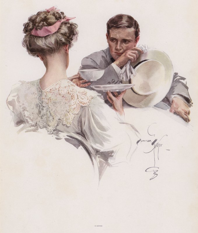 Man väntar på att en kvinna ska anförtro en hemlighet för honom (färg litho) av Harrison Fisher