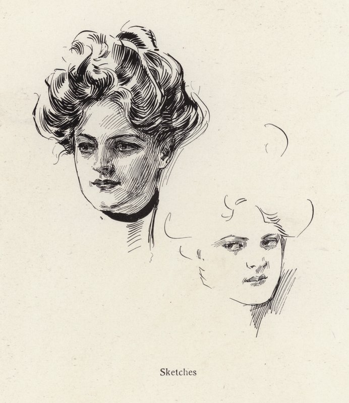 Pennskisser av en ung kvinna (litho) av Harrison Fisher