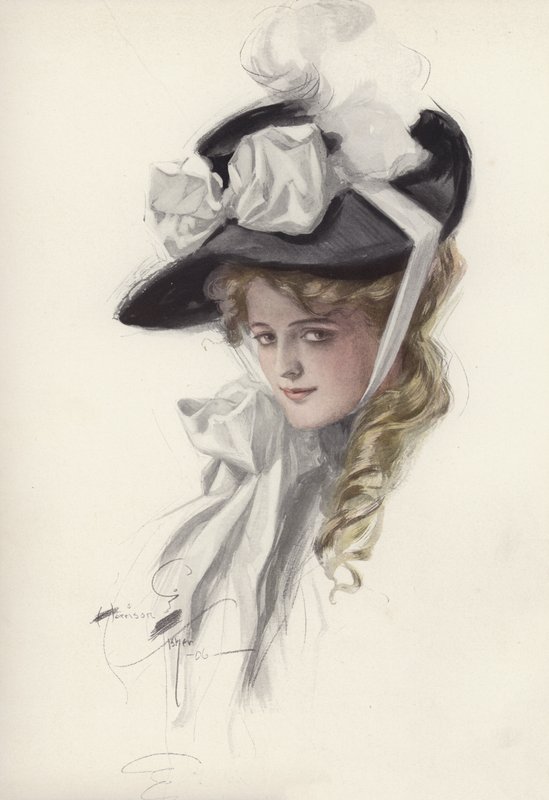 Porträtt av en kvinna i en snygg hatt (färg litho) av Harrison Fisher
