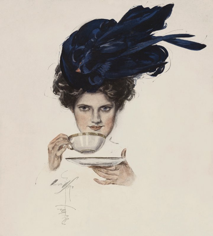 Porträtt av en kvinna i en snygg hatt som dricker te (färg litho) av Harrison Fisher