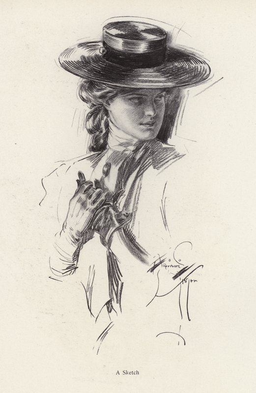 Porträtt av en kvinna i hatt (litho) av Harrison Fisher