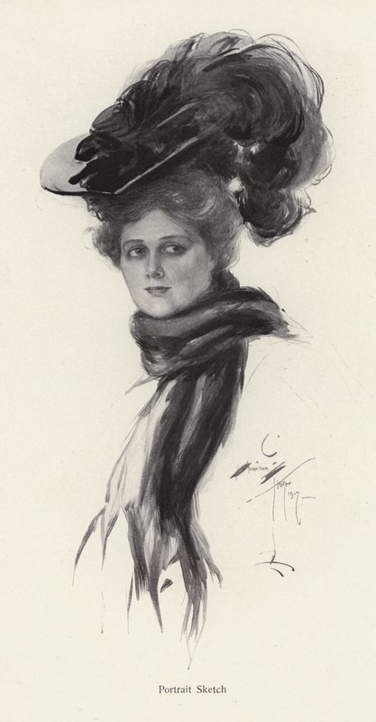 Porträtt av en kvinna i en stor hatt (litho) av Harrison Fisher