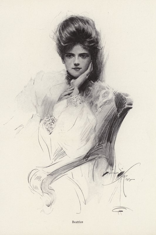 Porträtt av en kvinna som heter Beatrice (litho) av Harrison Fisher