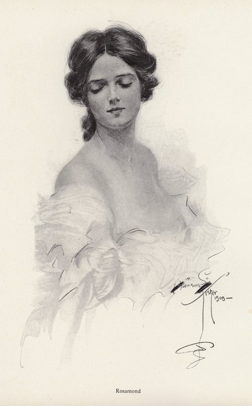 Porträtt av en kvinna vid namn Rosamond (litho) av Harrison Fisher