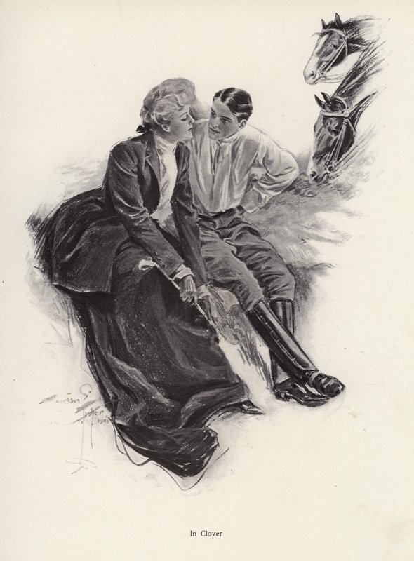 Romantiskt par tar en paus under en ridtur (litho) av Harrison Fisher