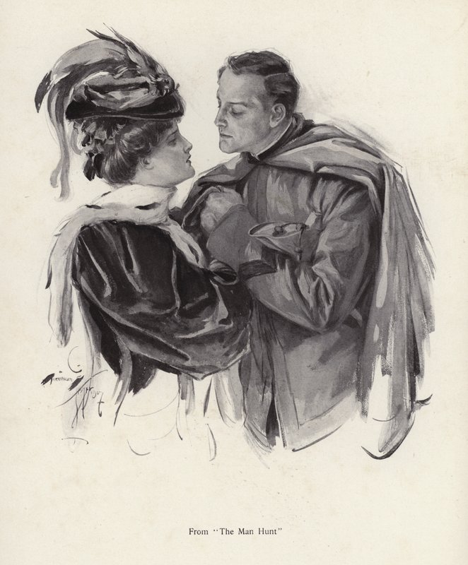 Scen från The Man Hunt (litho) av Harrison Fisher