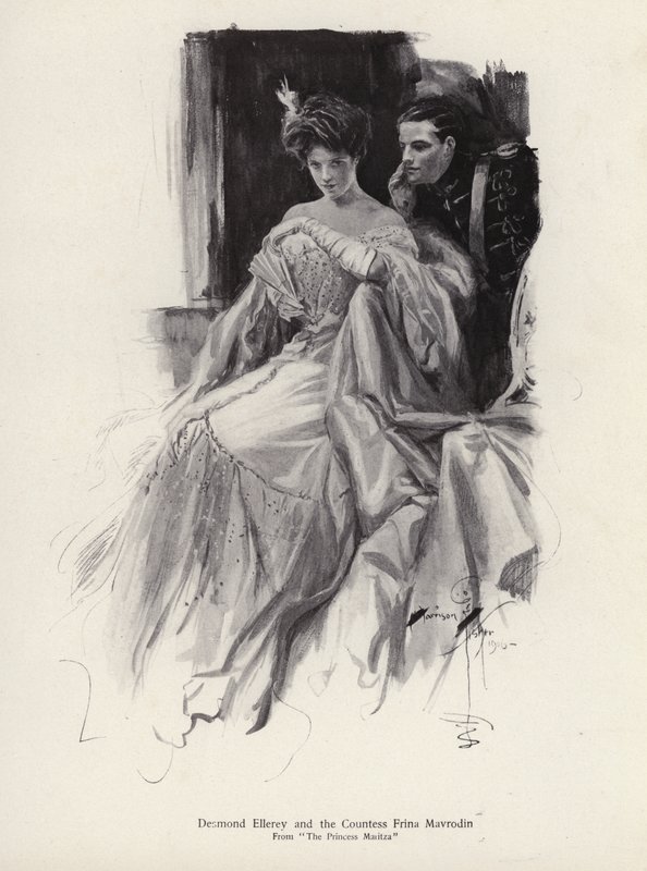 Två karaktärer, Desmond Ellery och grevinnan Frina Mavrodin från romanen, Prinsessan Moritza, av Percy Brebner (litho) av Harrison Fisher