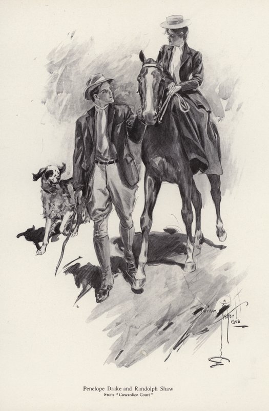 Två karaktärer, Penelope Drake och Randolph Shaw från romanen Cowardice Court, av George Barr McCutcheon (litho) av Harrison Fisher