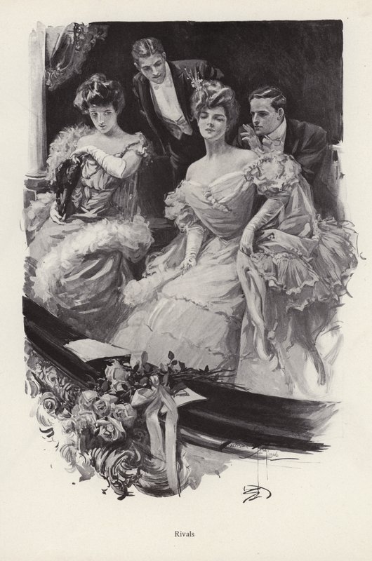 Två kvinnor i en låda på teatern i konkurrens med varandra om manlig uppmärksamhet (litho) av Harrison Fisher