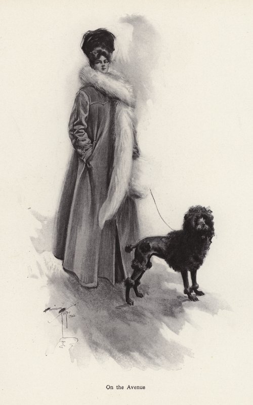 Kvinna i en lång kappa med en pudel (litho) av Harrison Fisher