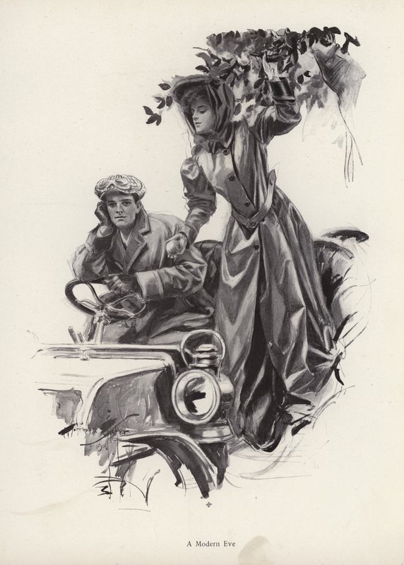 Kvinna som plockar äpplen inifrån en bil (litho) av Harrison Fisher