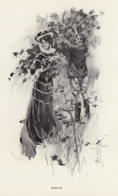 Kvinna som plockar blommor med en manlig beundrare (litho) av Harrison Fisher