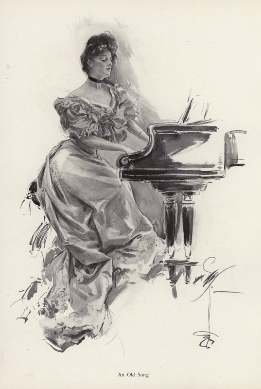 Kvinna som spelar en sång på ett piano (litho) av Harrison Fisher
