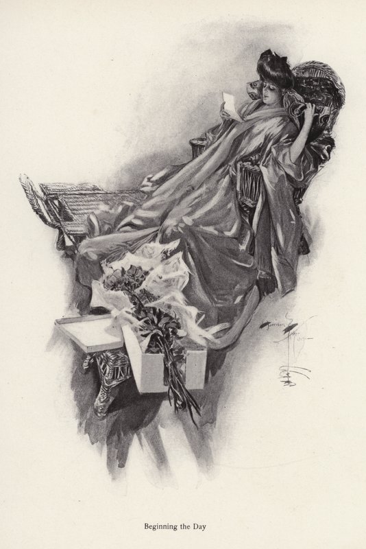 Kvinna som tar emot en bukett blommor från en beundrare (litho) av Harrison Fisher