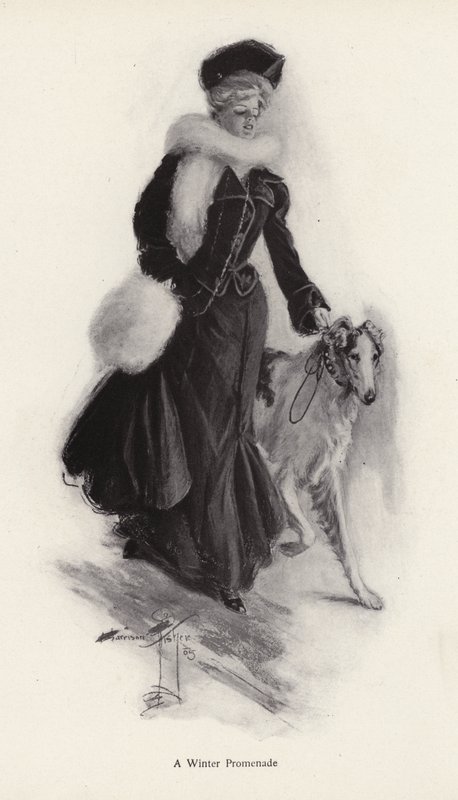 Kvinna går sin grova colliehund på vintern (litho) av Harrison Fisher