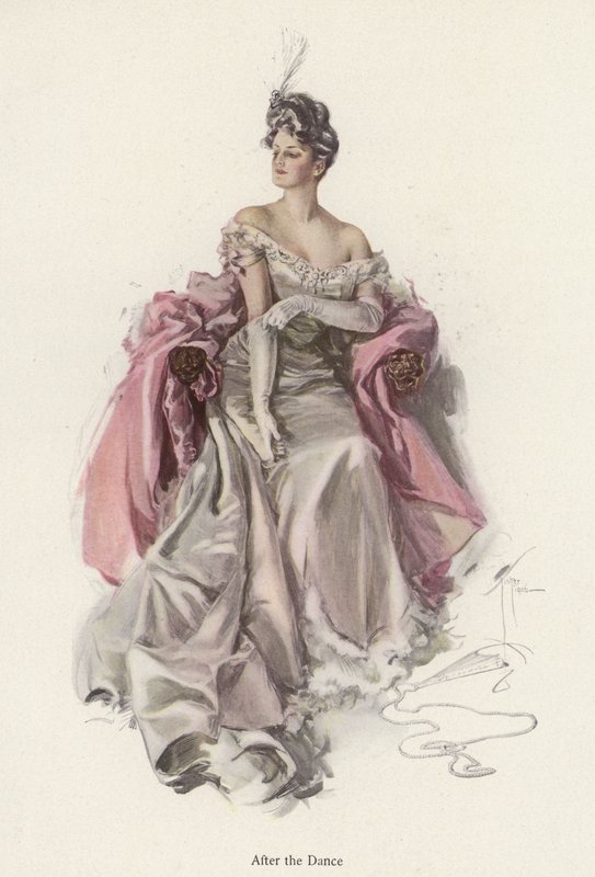 Kvinna som bär en aftonklänning efter dansen (färg litho) av Harrison Fisher