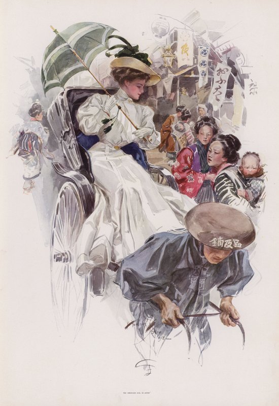 Ung amerikansk kvinna som rider i en japansk rickshaw (färg litho) av Harrison Fisher