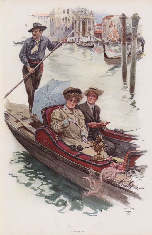 Ung amerikansk kvinna tar en tur i en gondol, Venedig (färg litho) av Harrison Fisher