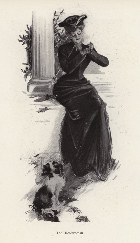 Ung kvinna och hennes hund väntar på att rida (litho) av Harrison Fisher