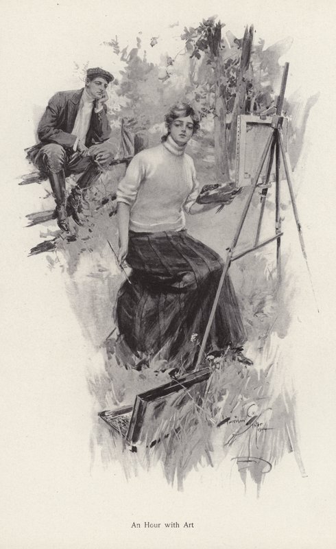 Ung kvinna konstnär målar på landsbygden medan en ung man tittar på (litho) av Harrison Fisher